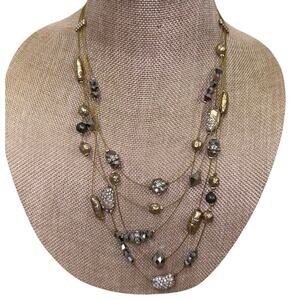 Chico’s Multi Strand Necklace Black Gold Crystal Layered Statement Boho Luxe
